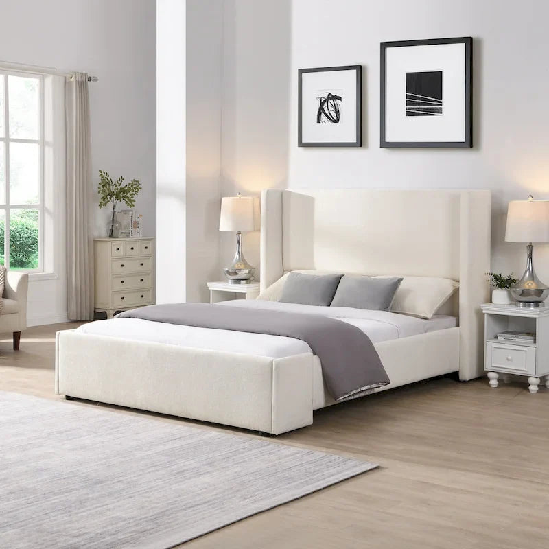  - Isabella Queen White Fabric Upholstered Bed with Tall Wingback Headboard