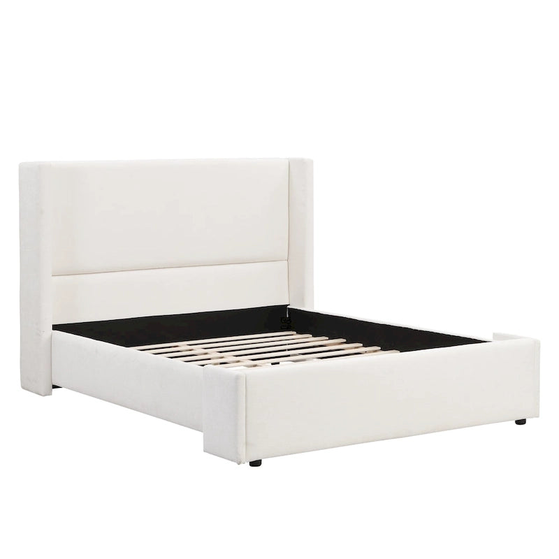 - Lit Isabella Queen en tissu blanc avec tête de lit haute à oreilles