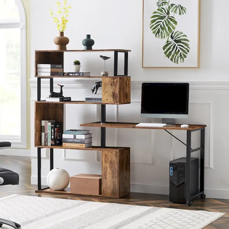 Bureau d'ordinateur à domicile en forme de L, table d'angle, table d'ordinateur rotative avec étagère à 5 niveaux