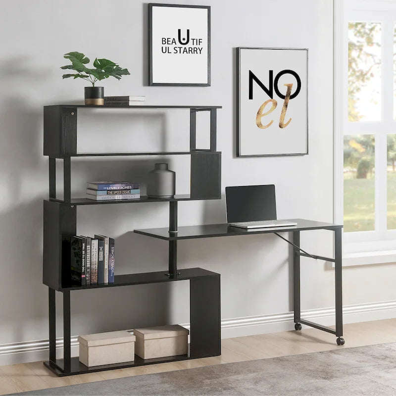 Bureau d'ordinateur à domicile en forme de L, table d'angle, table d'ordinateur rotative avec étagère à 5 niveaux