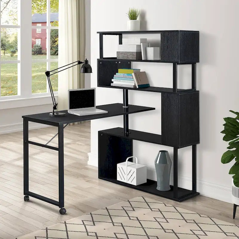 Bureau d'ordinateur à domicile en forme de L, table d'angle, table d'ordinateur rotative avec étagère à 5 niveaux