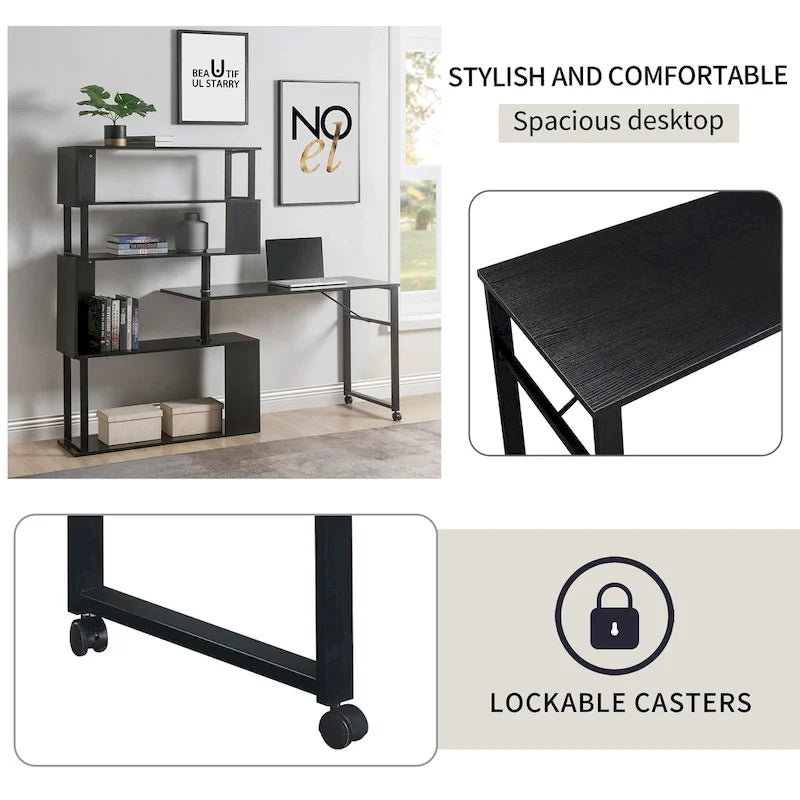 Bureau d'ordinateur à domicile en forme de L, table d'angle, table d'ordinateur rotative avec étagère à 5 niveaux
