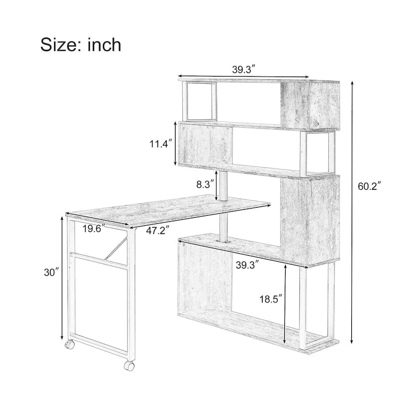 Bureau d'ordinateur à domicile en forme de L, table d'angle, table d'ordinateur rotative avec étagère à 5 niveaux