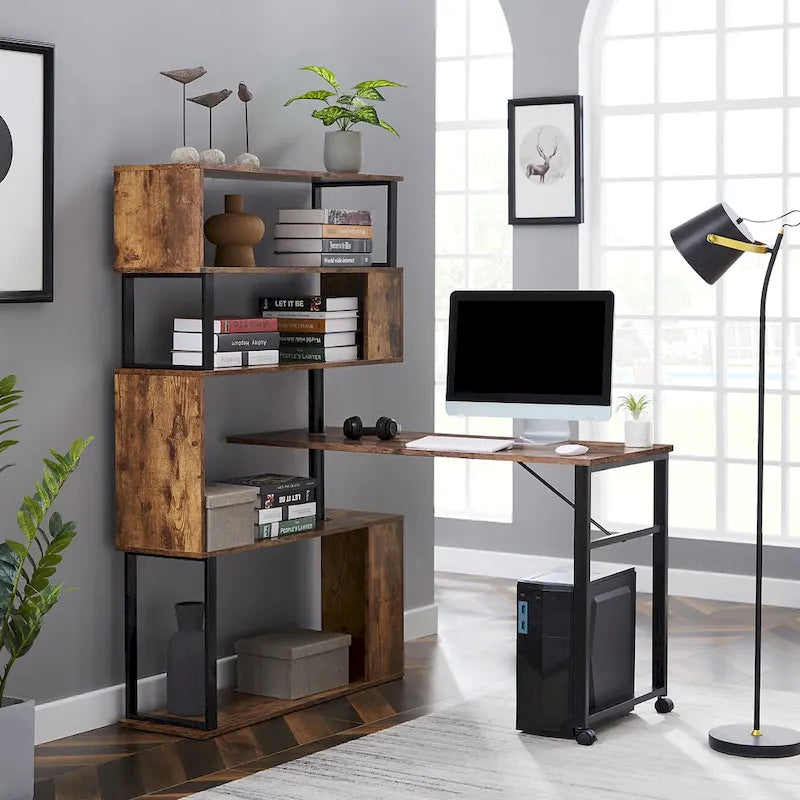 Bureau d'ordinateur à domicile en forme de L, table d'angle, table d'ordinateur rotative avec étagère à 5 niveaux