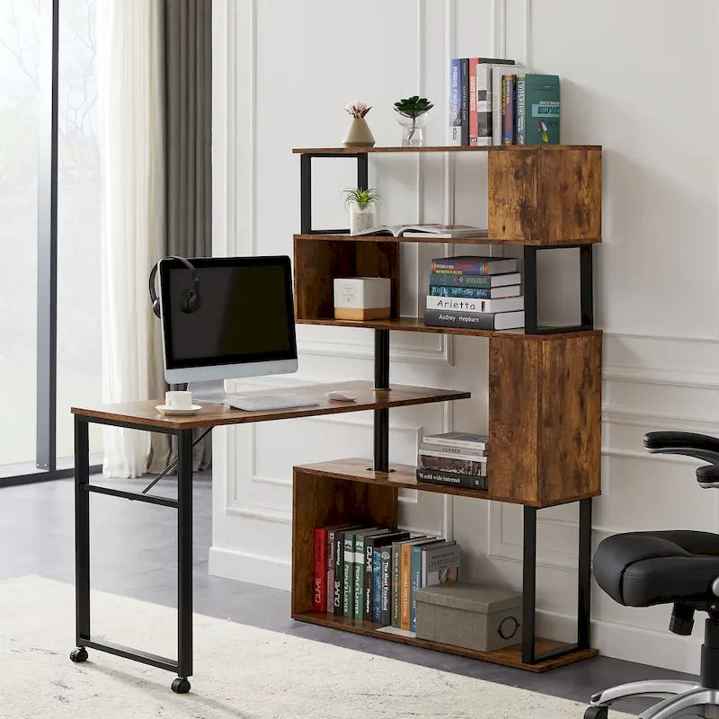 Bureau d'ordinateur à domicile en forme de L, table d'angle, table d'ordinateur rotative avec étagère à 5 niveaux