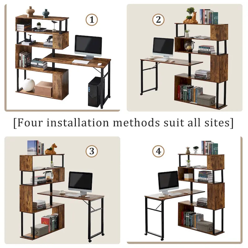 Bureau d'ordinateur à domicile en forme de L, table d'angle, table d'ordinateur rotative avec étagère à 5 niveaux