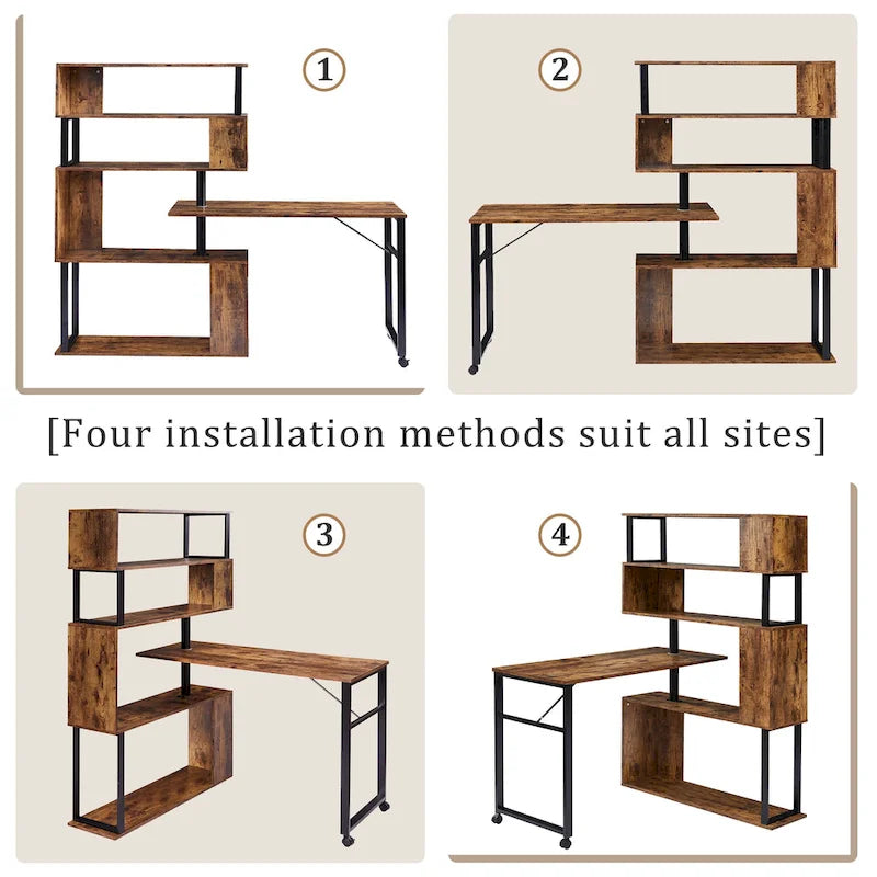 Bureau d'ordinateur à domicile en forme de L, table d'angle, table d'ordinateur rotative avec étagère à 5 niveaux