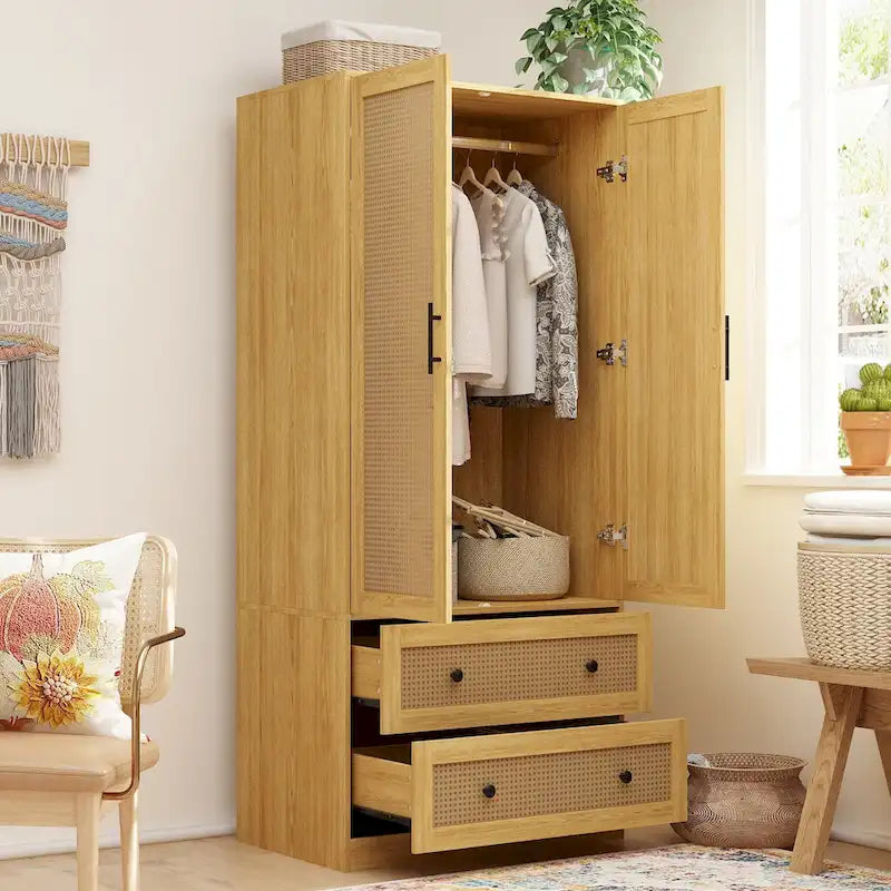 70.9Wardrobe Clo with Drawers and Hanging Rod Armoires Wood Finish