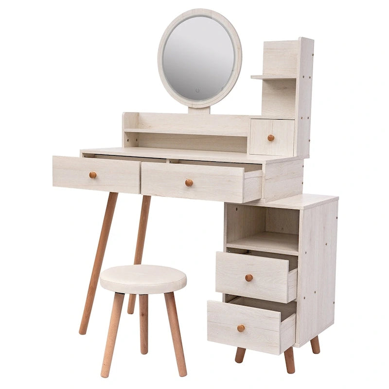 Coiffeuse réglable en longueur avec miroir LED tactile et 5 tiroirs