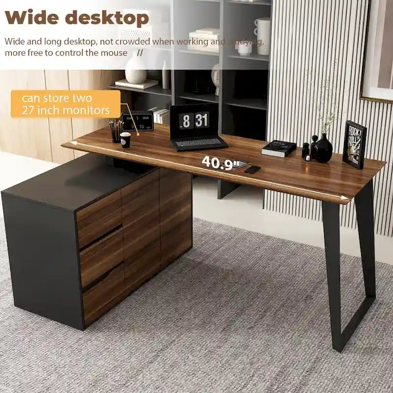 54,3 Bureau d'angle avec tiroirs et meuble pour ordinateur de bureau