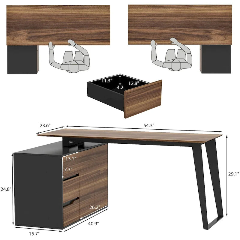 54,3 Bureau d'angle avec tiroirs et meuble pour ordinateur de bureau