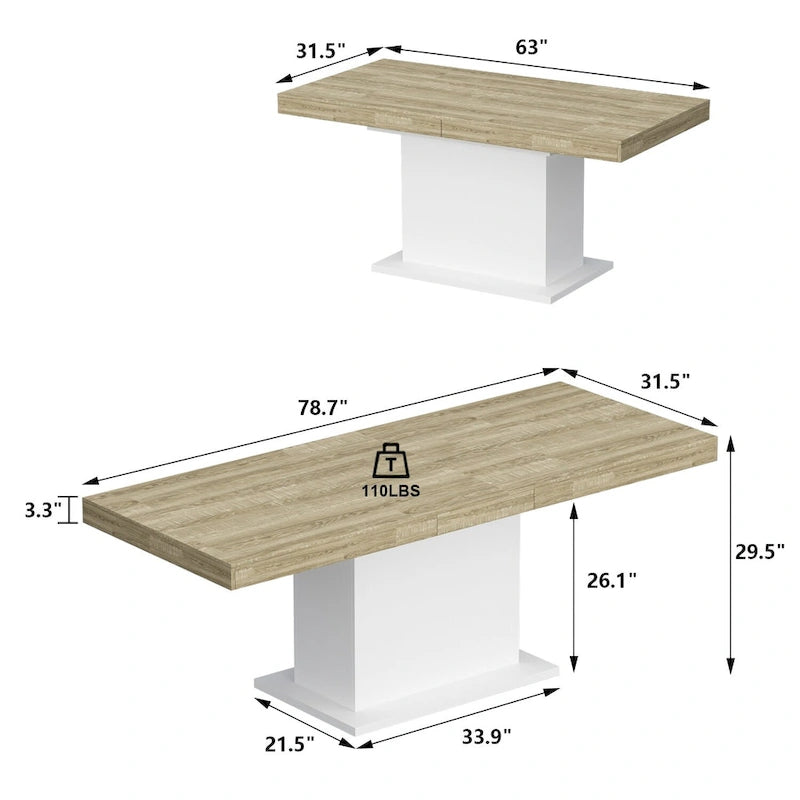 Table de salle à manger extensible 63-78,7 po, table de réunion de bureau au fini bois