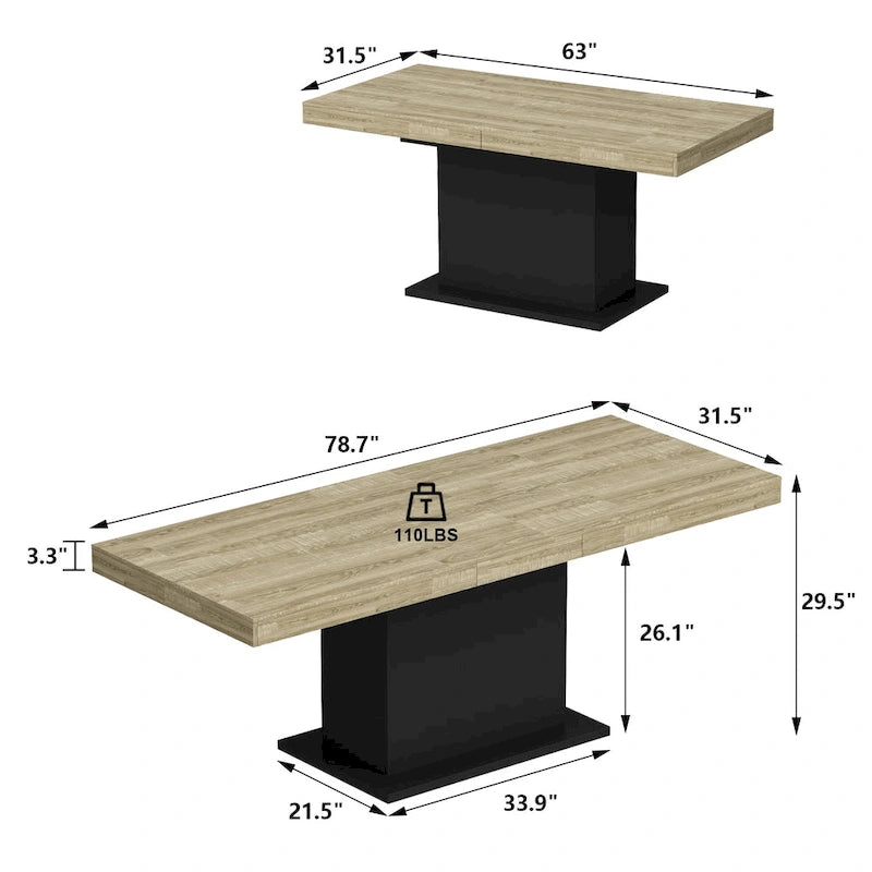 Table de salle à manger extensible 63-78,7 po, table de réunion de bureau au fini bois