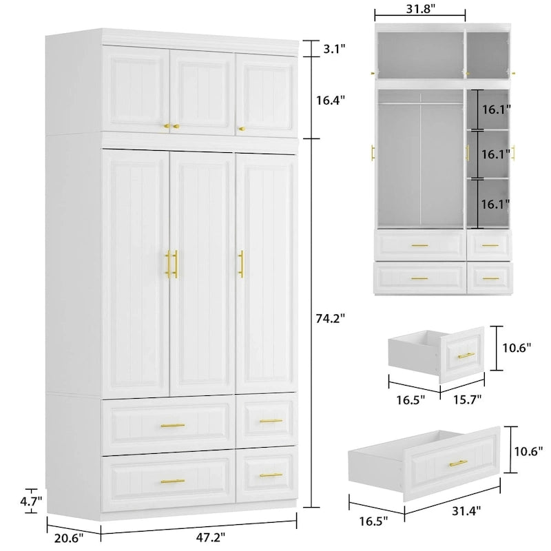 Armoire moderne autoportante avec penderie haute, coloris blanc – 93.7H