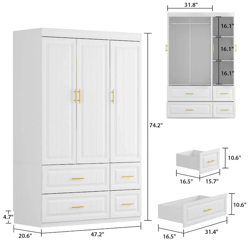 Armoire moderne autoportante avec penderie haute, coloris blanc – 93.7H