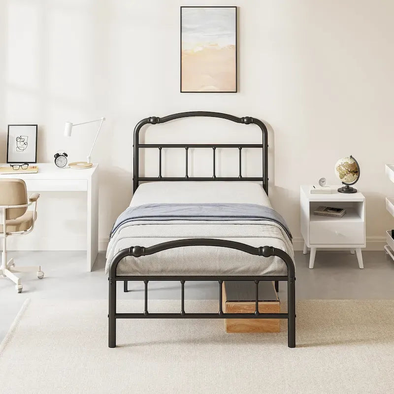 Heavy Duty Anti-Sway 18 Inch High Steel Tube Iron Bed, Double Wave Headboard And Footboard