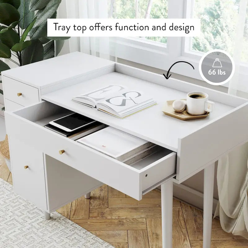 Bureau de style ferme moderne Daisy avec rangement et poignées décoratives en laiton