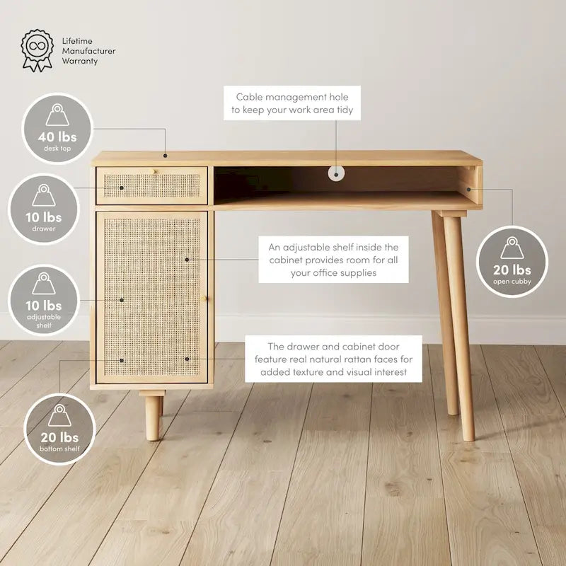Bureau de style ferme moderne Daisy avec rangement et poignées décoratives en laiton