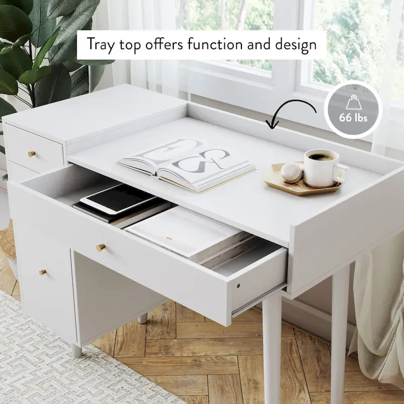 Bureau de style ferme moderne Daisy avec rangement et poignées décoratives en laiton
