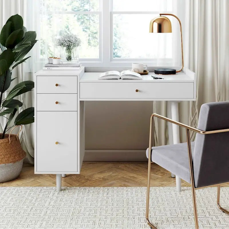 Bureau de style ferme moderne Daisy avec rangement et poignées décoratives en laiton
