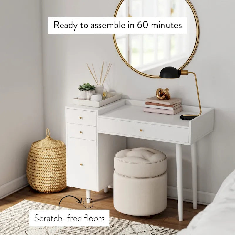 Bureau de style ferme moderne Daisy avec rangement et poignées décoratives en laiton