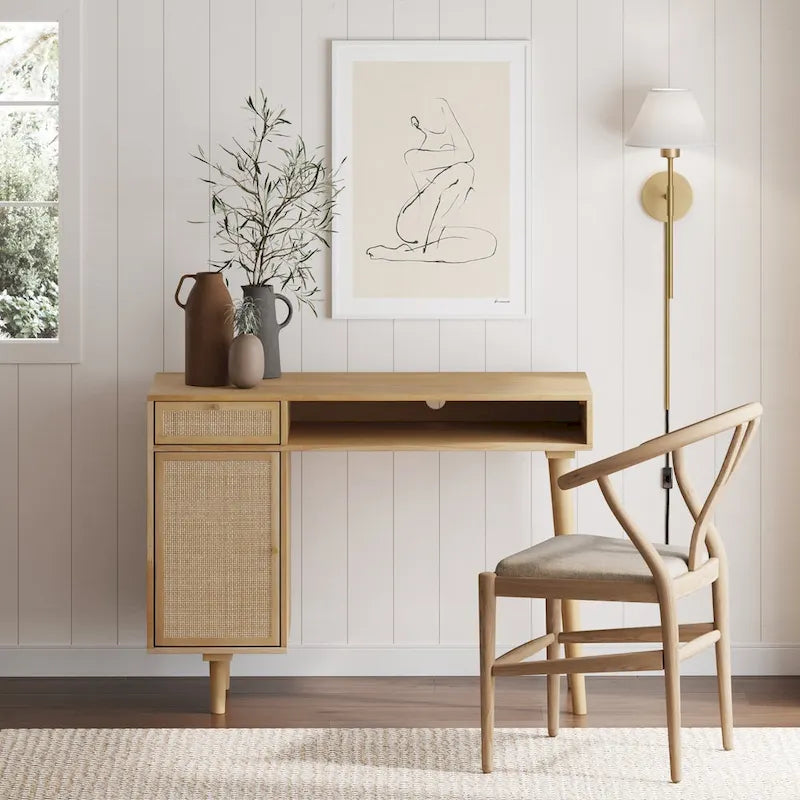 Bureau de style ferme moderne Daisy avec rangement et poignées décoratives en laiton