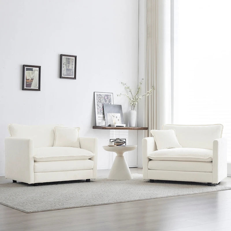 Accent Chair  of 2, High-end Chenille Upholstered Armchairs, Living Room Side Chairs with Toss Pillow, White