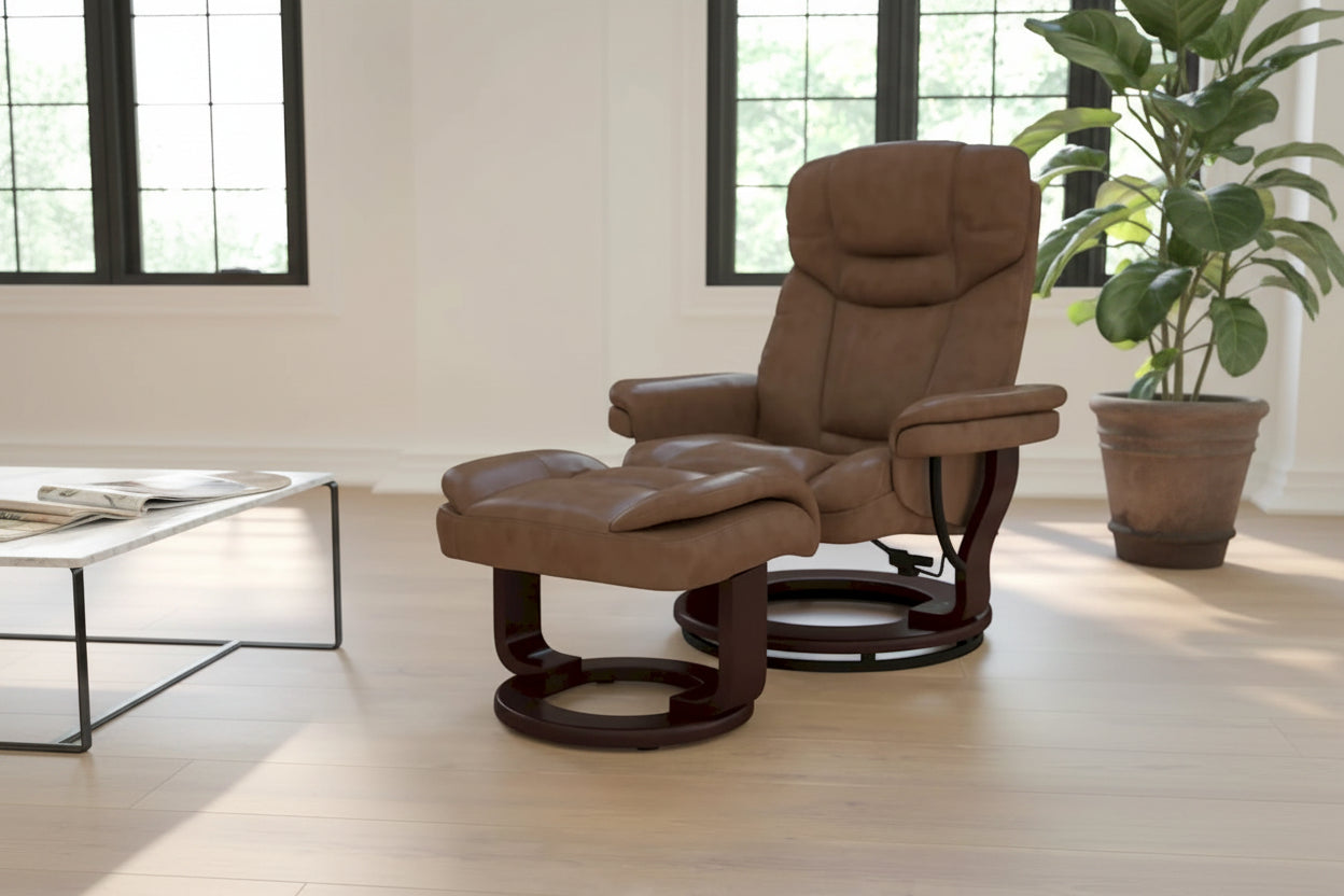 Fauteuil inclinable contemporain multiposition et pouf incurvé avec base pivotante
