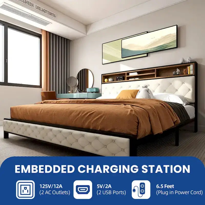 Lit de rangement capitonné King moderne avec chargeur USB intégré
