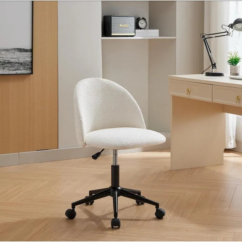 Chaise de bureau pivotante réglable en tissu bouclé, dossier mi-haut, avec pieds noirs, fauteuil de bureau rembourré à roulettes
