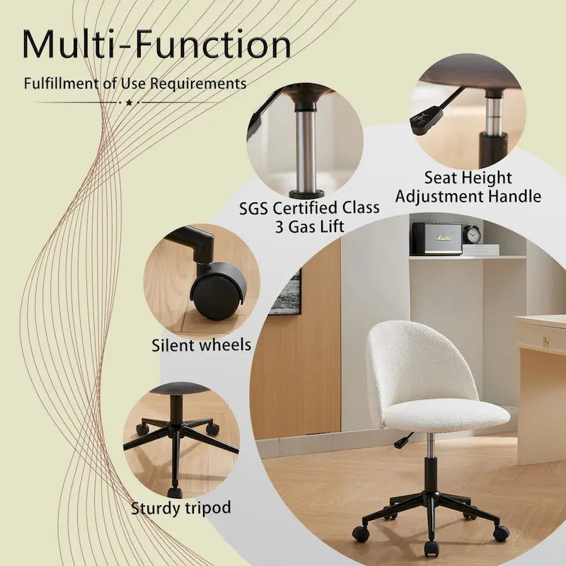 Chaise de bureau pivotante réglable en tissu bouclé, dossier mi-haut, avec pieds noirs, fauteuil de bureau rembourré à roulettes