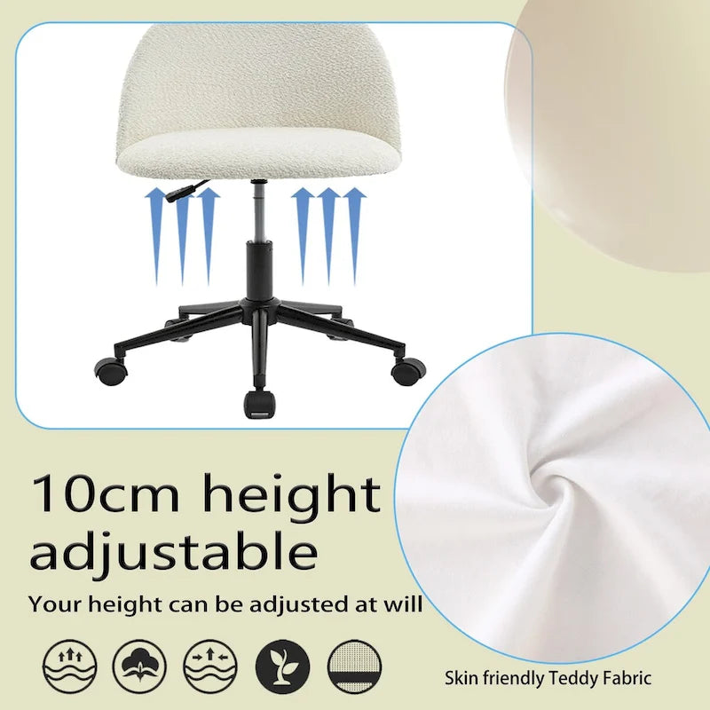 Chaise de bureau pivotante réglable en tissu bouclé, dossier mi-haut, avec pieds noirs, fauteuil de bureau rembourré à roulettes