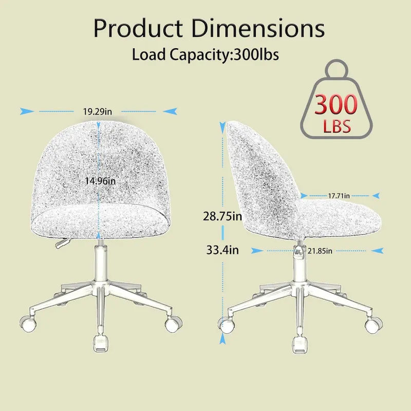 Chaise de bureau pivotante réglable en tissu bouclé, dossier mi-haut, avec pieds noirs, fauteuil de bureau rembourré à roulettes